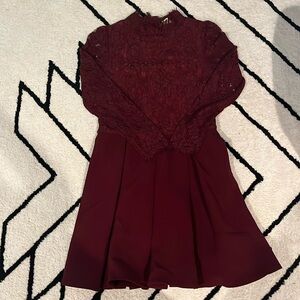 Maroon Dress with Lace and Pleated Skirt.